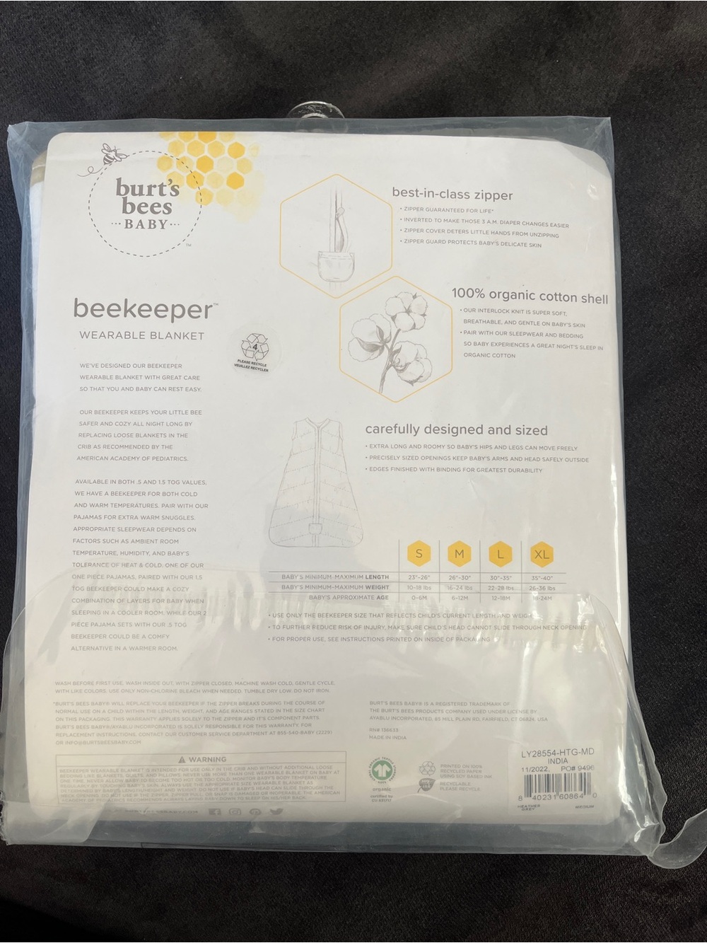 burt's bees baby White Wearable Blanket with Gray Trim 1.5 tog 6-12mo - Picture 2 of 2